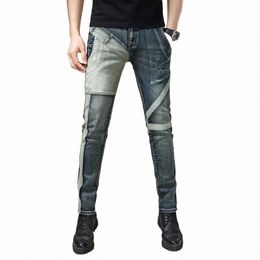 motocycle Jeans Men Stretch Slim Skinny Patchwork Streetwear Hip Hop Denim Pants High Quality Men's Trousers Striped Vintage W9PN#