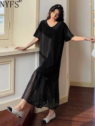 Party Dresses NYFS 2024 Summer Korea Woman Vestidos Robe Elbise Loose Plus Size Short Sleeve Patchwork Black Hem Mermaid Dress