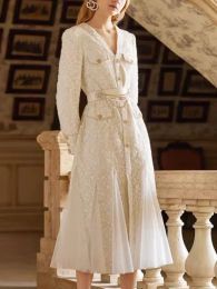White Lace Mesh Crystal Waist Belt Ruffle Elegant Dress French Style White Dresses Woman V-Neck Long Sleeve Vintage Dress
