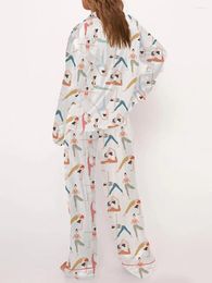 Home Clothing Women S 2 Piece Pyjamas Set Bow Tie Cartoon Print Long Sleeve Button Down Lapel Collar Shirts Pants Cute Nightwear Loungewear