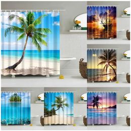 Seaside Beach Shower Curtain Coconut Tree Sunset Sailboat Nature Scenery Bath Curtains Fabric Bathroom Decor Screen Set Hooks 240328