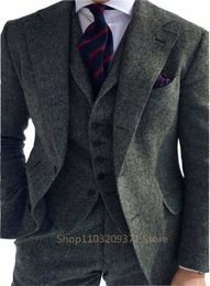 herringbe Suit Men 3 Pieces Formal Busin Tweed Tuxedo for Men Tailor-made Retro Wedding Men's Suit Jacket Vest Pants Set i5nl#