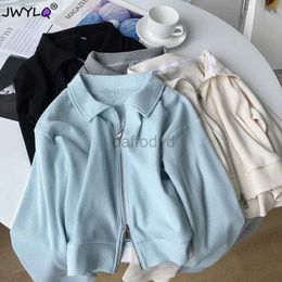 Women's Hoodies Sweatshirts S-3xl Simple Polo Collar Chic Double Zipper Cropped Top Coat All-match Loose Cardigan 2023 Fashion Clothes For Women 24328