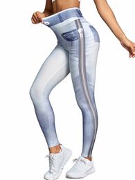 2023 Fi Women Digital Printed Denim Blue Tight High Elastic Quick-Drying Yoga Pants Sports Running Fitn Pants M74B#