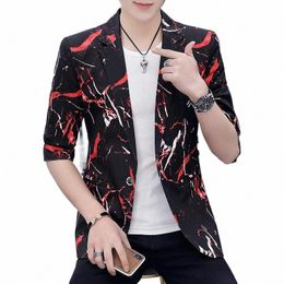 coo 2023 Men's Summer Cropped Sleeves Persalized Printed Suit Youth Slim Fit Thin Mid Sleeve blazer Q4m1#