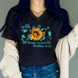 Womens Graphic Shirt with God All Things Are Possible Matthew Short Sleeves Casual Tshirts Sun Flower Vneck Tees Y2k Shirts 240328