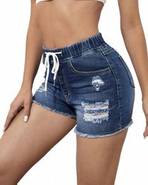 2023 Summer New Women Elastic Waist Ripped Denim Shorts Fi High Stretch Skinny Sexy Tassel Shorts Jeans S-2XL 15sR#