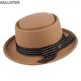 Berets H7210 Winter Lady Wool Fedoras Hat Women European American Striped Bowknot Decoration Fedora Cap Female Dome Elegant Caps