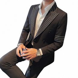 male Terno Masculino Prom Blazer For Streetwear Casual Blazer Hombre Double Breasted Embroidery Pattern Blazer Jacket Stage G6xh#