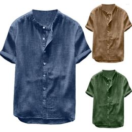 Men's Casual Shirts Loose Buttons Short Sleeve Men Shirt Linen Cotton Solid Colour Down Beach