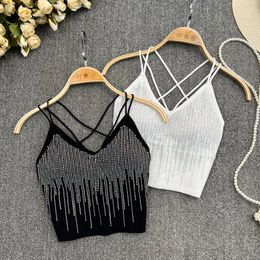 Chic Glitter Sequin Camis Sexy Backless Fashion Tank Top Slim Corset Bustier Bra Basic Straps Summer Women Party Crop Top Ins 240328