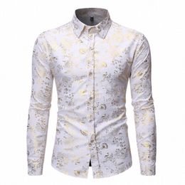 metal Brzing Printed Luxury Dr Shirts Men Lg Sleeve Casual Butt Down White Wedding Groom Party Dinner Shirt Male h86a#