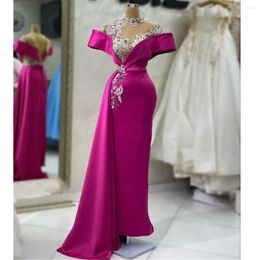 Party Dresses Modern Fuchsia Formal Evening Off The Shoulder Satin Peplum Beaded Sequins Lace Appliques Long Sexy Prom Dress For Women