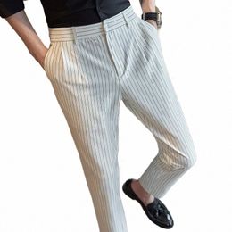 british Style Men Busin Stripe Dr Pants Men Belt Design Slim Trousers Formal Office Social Wedding Party Dr Suit Pant Z2aH#
