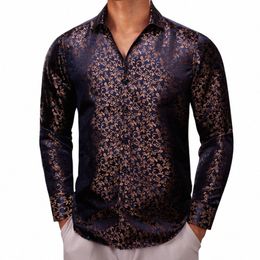 luxury Shirts for Men Silk Lg Sleeve Blue Gold Fr Slim Fit Male Blouses Casual Formal Tops Breathable Barry Wang r1aJ#