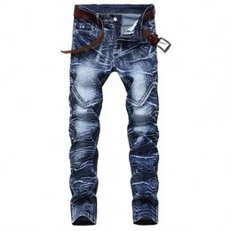 snow Wed Patchwork Men's Straight Elastic Jeans Plus Size Vintage Patch Slim Denim Jeans Lg White Cott Men Jean Trousers y53g#