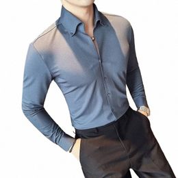 brand Clothing Men's Spring High Quality Lg Sleeve Shirts/Man Slim Fit Fi Casual V-neck Office Dr Shirt 4XL-M r1mJ#