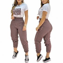 women Houndstooth Letter Print Short Sleeve Top & Pants Set Women Summer Vacati Suit R2rA#