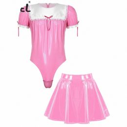 mens Sissy Crossdrer Sexy Maid Cosplay Costume Patent Leather Puff Sleeve Lace Trim Zipper Bodysuit with A-Line Flared Skirt 91Ki#