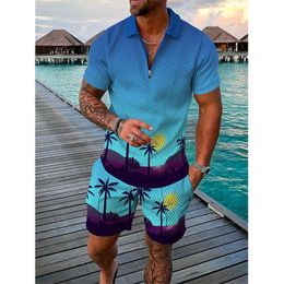 Hawaii Men Tracksuit Abstract Pattern 3D Print Man Set Short Sleeve Zipper Polo Shirt Shorts Male Sets 2 Pieces Streetwear Suits 240320