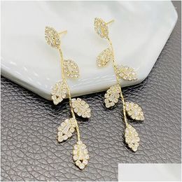 Stud Earrings Luxury Rhinestone Crystal Leaves Tassel Earring For Women 14K Real Gold Plated Trending Bridal Dangling Jewelry Drop Del Otebv