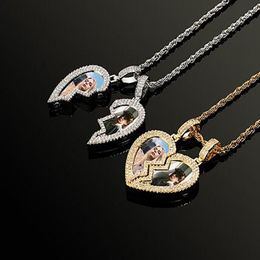 Custom Made 1 Pair Half-heart Po Pendant Necklace For Men Women Couple Valentine gift Cubic Zirconia Charm Hip Hop Jewelry220V