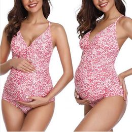 Summer Pregnant Women Swimwear Floral Printed Pattern Deep V-neck Sleeveless Monokini Swimsuit Ladies Beachwear Bikini