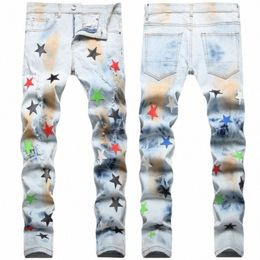 versatile Men Ripped Jeans Hole Patch Stretch Pencil Denim Pants Streetwear Elastic Hip Hop Star Pattern Embroidery Casual Jeans I0eG#