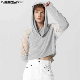 Men's T-Shirts 2023 Men Hoodies Mesh Patchwork Hooded Long Sleeve Male Crop Sweatshirts Transparent Streetwear Fashion Casual Pullovers24328