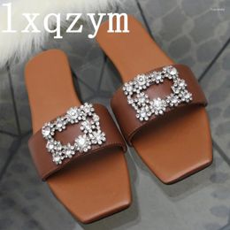 Slippers Women 2024 Summer Flat Heel Rhinestone Crystal Square Buckle Bottom Fashionable Casual Leather Open Toe
