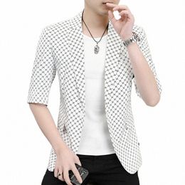 hoo 2023 Men's New Summer Trendy Slim Half Sleeve blazer Youth Thin Short Sleeve Plaid Printed blazers P1aI#