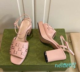 2024 Summer Sandals Open Toe Thick Heel Women Black Pink Gold Leather Shoes High Heeled Shoes Platform Roman Sandal
