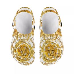 WHERESART Luxury Golden Floral Print Sandals Hole Shoes Couple Home Slippers Summer Hollow Buckle Lady Beach Flat Zapatos 240323