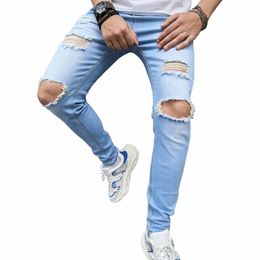 spring Street style Men Skinny Holes Jeans Pants Male Blue Distred Stretch Casual Beggar Pencil Denim Pants S7KM#
