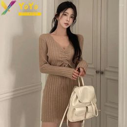 Casual Dresses Solid Color Drawstring Lace-up Knitted Dress Women Office Soft Elastic 2024 Autumn Winter Elegant Slim Bodycon Sweater