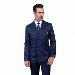 blue Full Set Men's Suits Pinstripe Blazer Terno 2 Pcs Jacket Pants Costume Homme Fi Double Breasted Peak Lapel Prom Party d1bd#