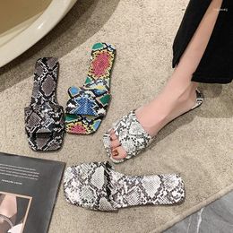 Slippers Summer Vintage Square Head Shoes Women's Fashion Snake Print Large Size Flat Fish Mouth Sandals Zapatillas