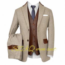 men's 3-piece Suit Herringbe Jacket Pants Brown Leather Vest Formal Busin Work Clothes Slim Fit Outfit XS-5XL j1zq#