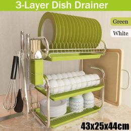 Gravestones Stainless 3 Tiers Dish Drainer Kitchen Dish Rack Storage Shelf Washing Holder Basket Plated Knife Sink Drying Organizer Tools