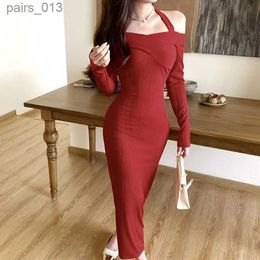 Basic Casual Dresses Womens Elegant Lady Celebrity Style Slim Long Dress 2024 New Retro One Shoulder Sleeve yq240328