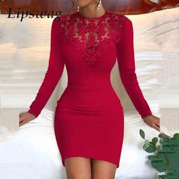 Casual Dresses Chic Embroidery Flower Hollow Out Slim Dress Sexy Women Long Sleeve Tight Bodycon Fashion Patchwork Solid Lady Mini