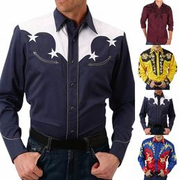 western Style Men Print Shirts Lg Sleeve Casual Loose Slim Butt Lapel Collar Shirt And Blouse Tops Men's Clothing Q7xe#