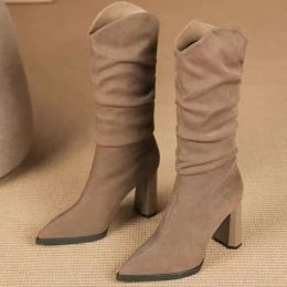 Boots 2023 Fashion Ladies Shoes Sleeve Women's Boots Autumn Pointed Toe Solid Middle Tube Square Root Knight Boots Zapatos De Mujer