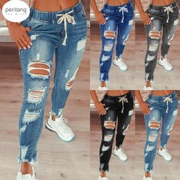 Women's Jeans Women 2024 Drawstring High Waist Stretch Ripped Hole Fashion Denim Full Length Pencil Pants Skinny Trousers