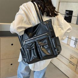 Shoulder Bags Top Handle Tote Bag For Women Black Soft Leather Simple Japanese Style School Large Capacity Handbag Silver