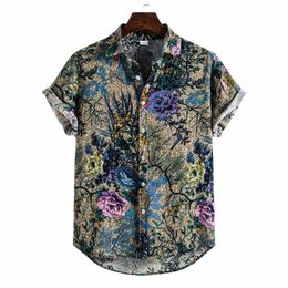 mens Linen Ethnic Shirts Short Sleeve Casual Printing Hawaiian Shirt Blouse For Man Summer Hotsale Clothing 55qC#