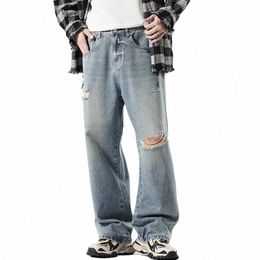 ripped Streetwear Men's Jeans Y2K 2000s Clothing Fi Casual Straight Hole Pants Vintage Wide Leg Denim Trousers c4Vi#