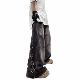 american Style Oversized Pocket Retro Baggy Jeans Men Y2k Hip Hop Punk Wide Leg Straight Overalls Black Denim Pants Streetwear J3LR#