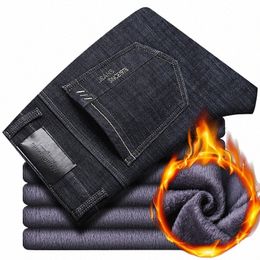 2023 New Jeans Brand Autumn Winter Jeans Warm Flocking Warm Soft Men Activities Warm Fleece Men Jeans Black Blue Colours O06G#