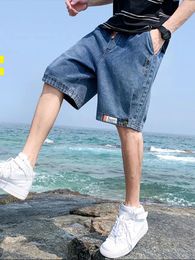 Men's Shorts Stylish Letter Printed Denim Summer Loose Casual Knee Length Jeans Male Baggy Short Black Blue Breeches